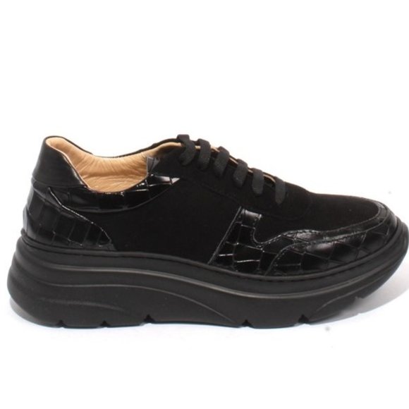ITALIAN Black Leather Suede Lace-Up Sneaker Shoes - Picture 3 of 8